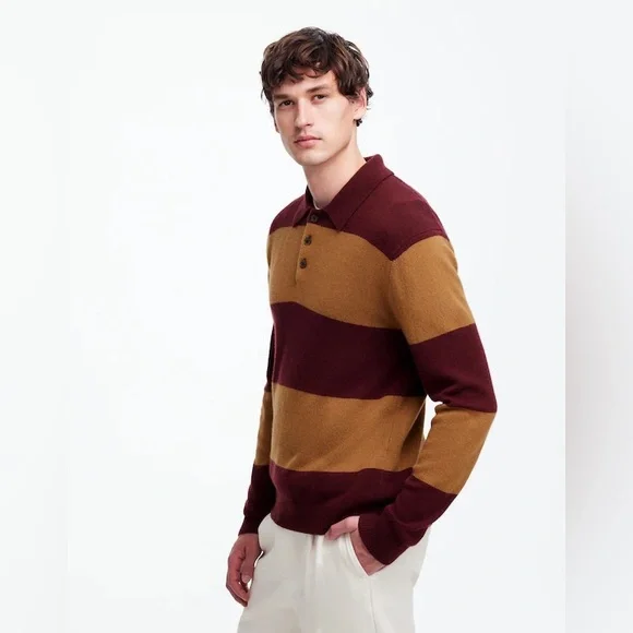 NWT Madewell Rugby-Stripe Sweater Polo Wool & Cashmere - Tan & burgundy Medium - Picture 3 of 9